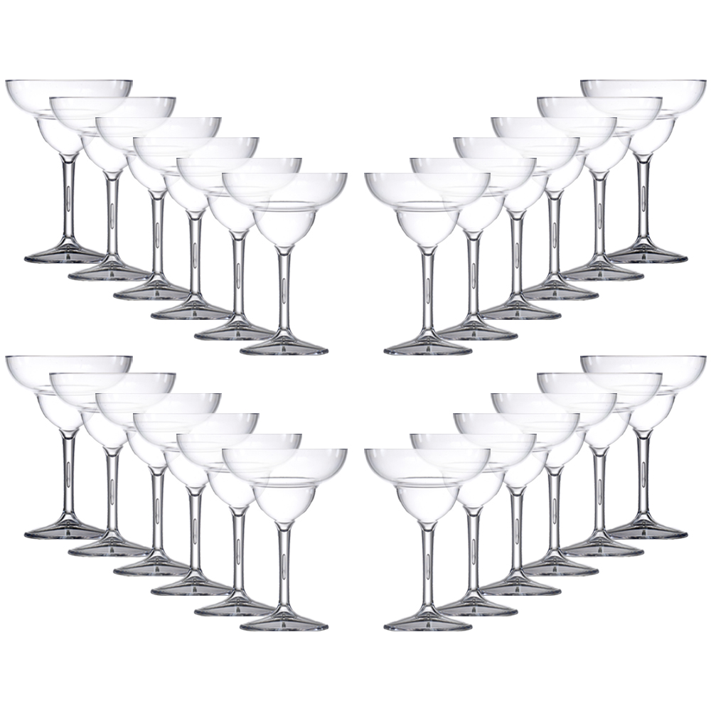 Set of 24 stemmed coupe cocktail glasses made from crystal-clear polycarbonate. Reusable and shatter-resistant—perfect for hospitality, events, and outdoor serving. Made in the UK.