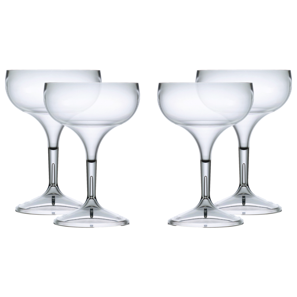 Gift pack of 4 stemmed coupe cocktail glasses made from crystal-clear polycarbonate. Reusable and shatter-resistant—ideal for gifting, celebrations, and stylish entertaining. Made in UK.