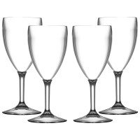 Set of four Elite 14oz wine glasses with classic stemmed design, made from crystal-clear polycarbonate. Reusable and shatter-resistant, suitable for indoor and outdoor use.