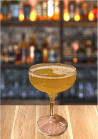 9oz coupe cocktail glass with stemmed design, made from crystal-clear polycarbonate with a cocktail in it with a bar behind it